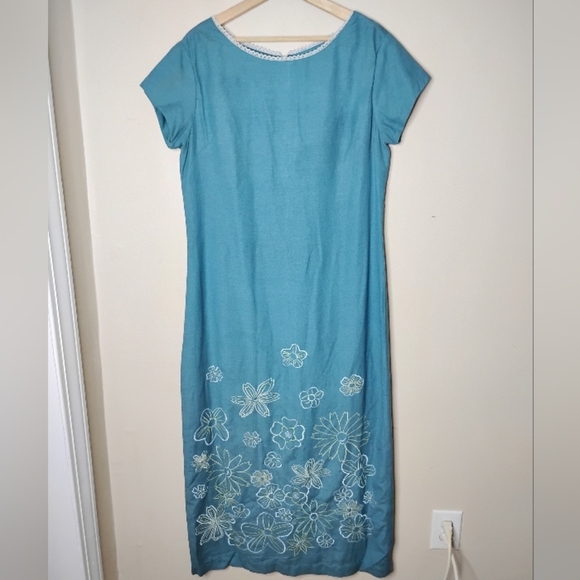 VTG 90s Club Newport Maxi Dress 12 Blue Embroidered Hem Crochet Trim Lined - Picture 2 of 8